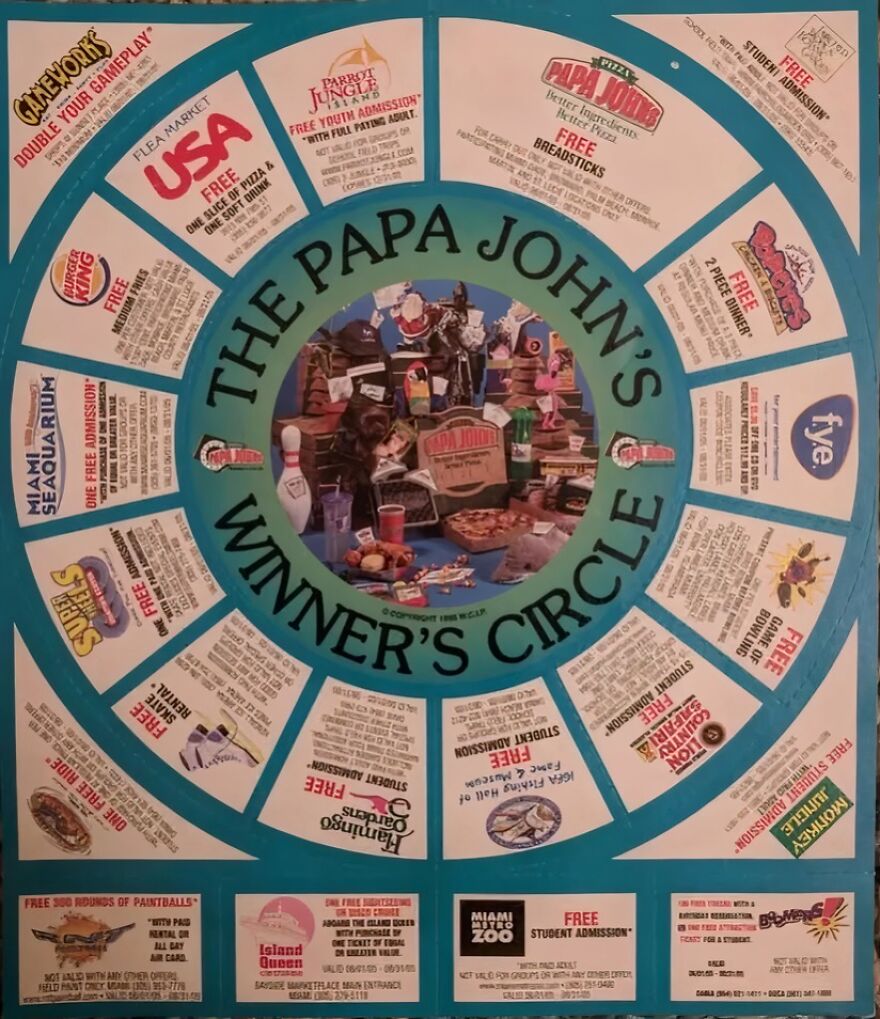 A Papa Johns Winner's Circle game board, with coupons for various attractions, sparking a trip down memory lane.