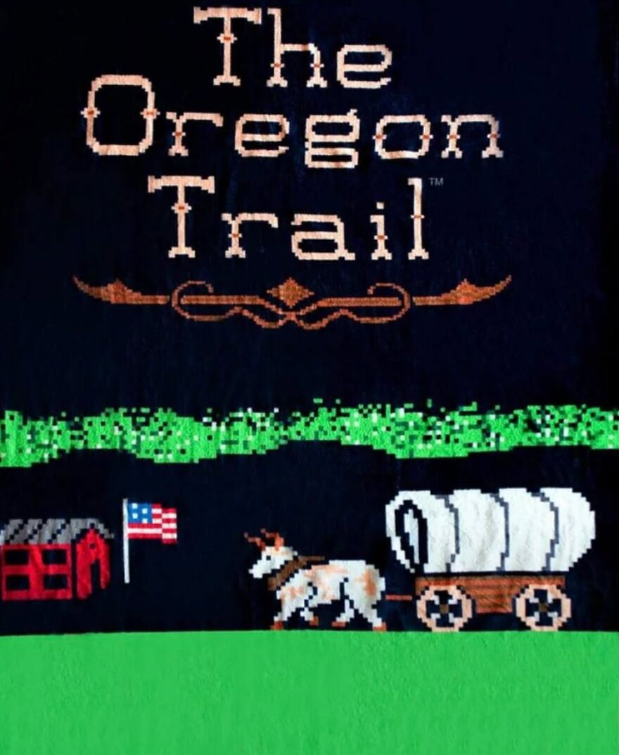 Pixel art of The Oregon Trail game screen, a classic computer game, perfect for a trip down memory lane.