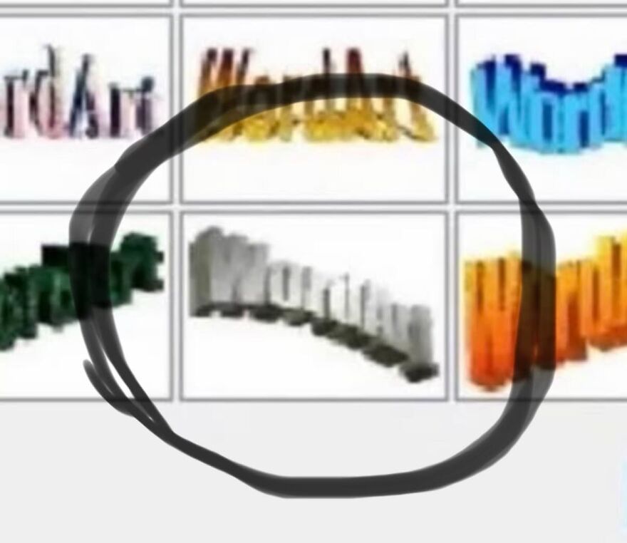 A black circle highlights a gray WordArt graphic that says "Word" in a grid of colorful WordArt options, taking a trip down memory lane.