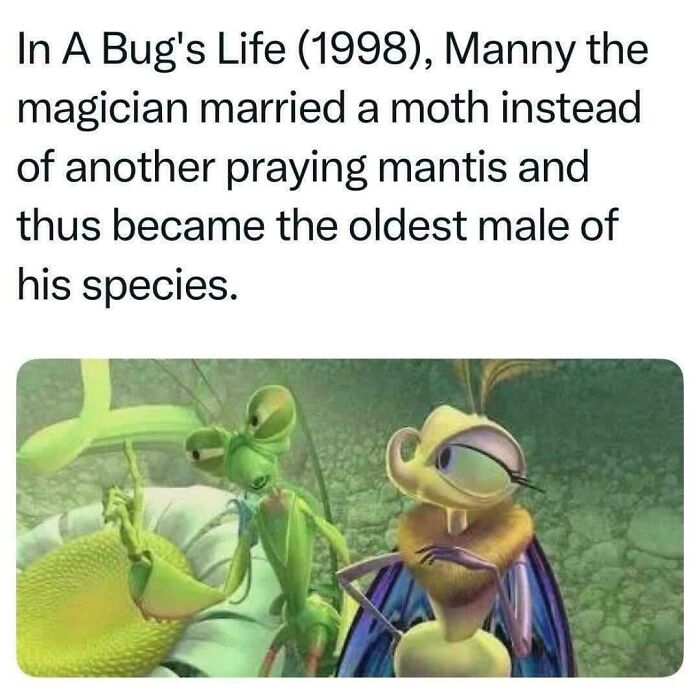 Manny the magician and a moth from A Bug's Life, a throwback meme for 90s kids.