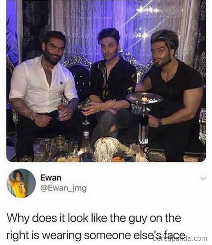 Three men posing, with the rightmost having an unusual facial appearance, prompting a question about rare burns.