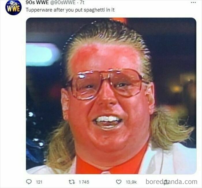 Close-up of a person with a bright red face and glasses, similar to a Tupperware burn from spaghetti, a rare burn.
