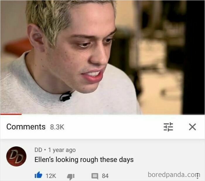 A man, identified as Pete Davidson, looks on screen. Below, a comment says Ellen's looking rough. A rare burn.