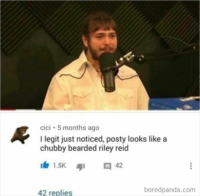 Post Malone in a white shirt and a mic, looking surprised, below a comment that burns so hard people don't know how to respond.
