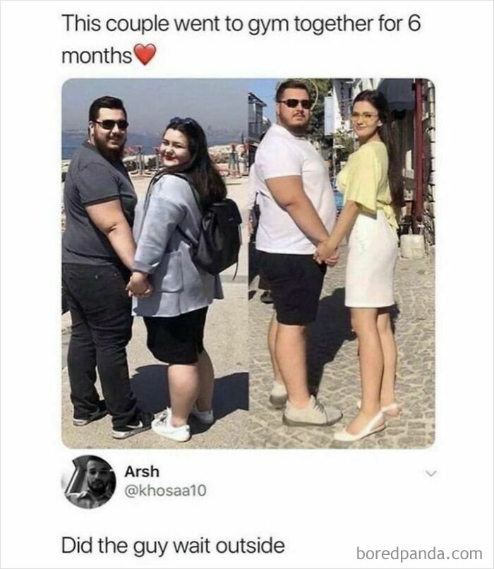 A split image showing a couple's dramatic before/after weight loss, with a funny burn about the guy.