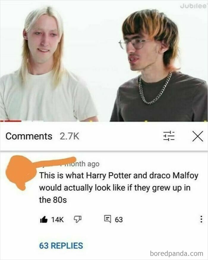 Two men with 80s hairstyles, one with blonde hair, the other with a chain. A YouTube comment delivers rare burns.