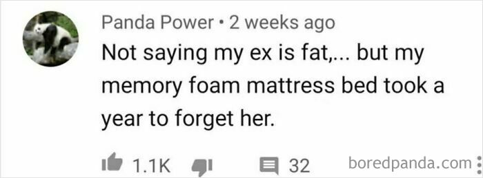 A screenshot of a comment by Panda Power about a memory foam mattress, delivering a rare burn.