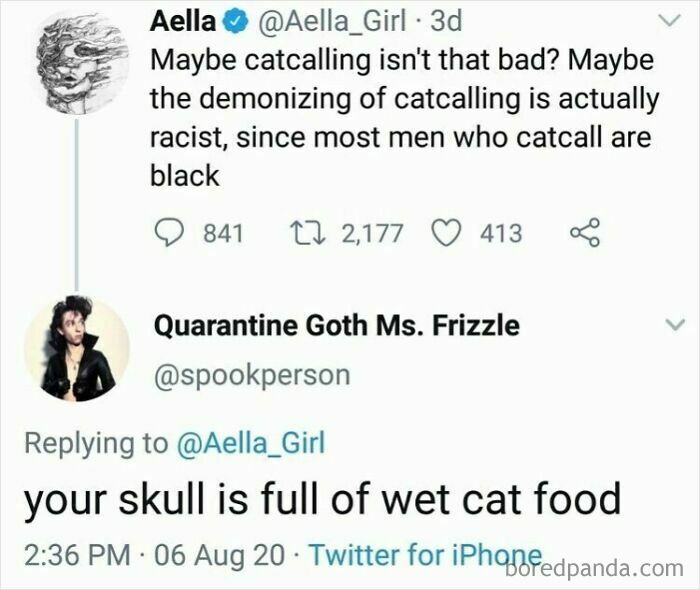 A tweet and a fierce comeback that delivers a rare burn. The reply states: your skull is full of wet cat food.