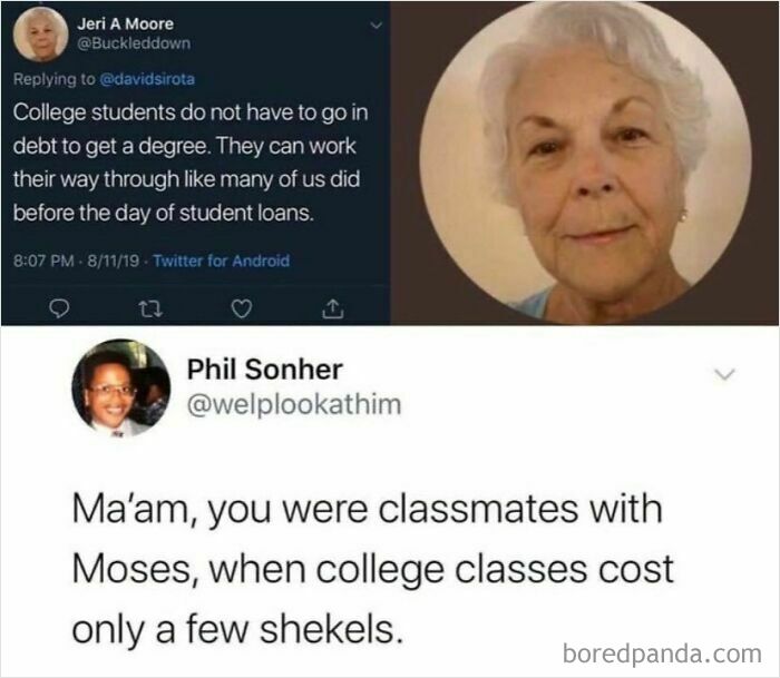 A rare burn meme shows Jeri A Moore and Phil Sonher discussing college debt, with Phil delivering a witty rare burn.