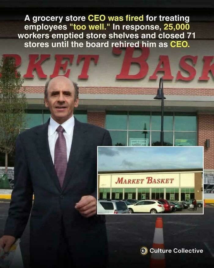 Uplifting post about a grocery store CEO rehired after employees protested his firing.