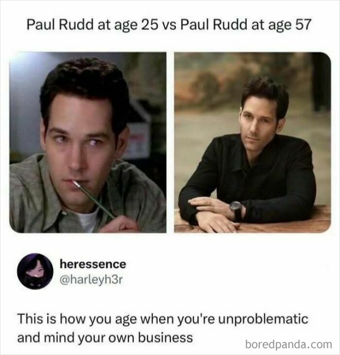 Pop-culture meme of Paul Rudd at age 25 vs 57, showing his youthful appearance, an entertaining post.