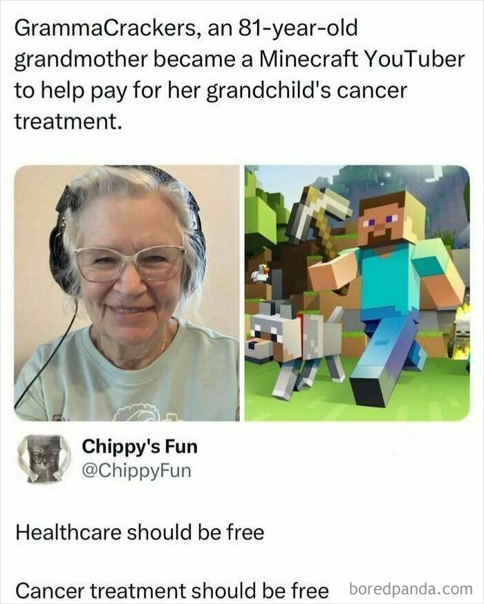 GrammaCrackers, an 81-year-old Minecraft YouTuber, alongside a Minecraft character and wolf, highlighting pop-culture entertainment.