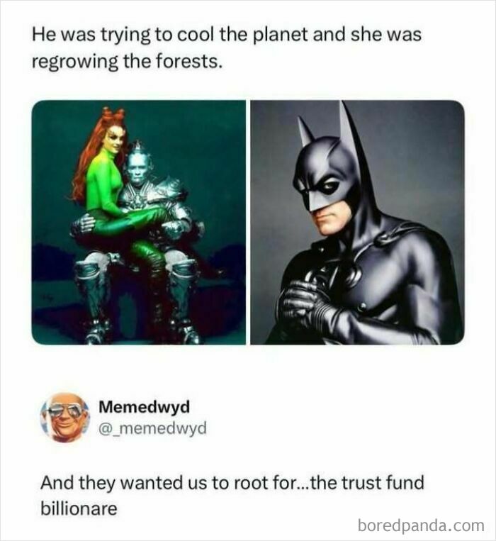 A meme featuring Poison Ivy and Mr. Freeze alongside Batman, discussing pop-culture villains vs. heroes. Entertaining posts.
