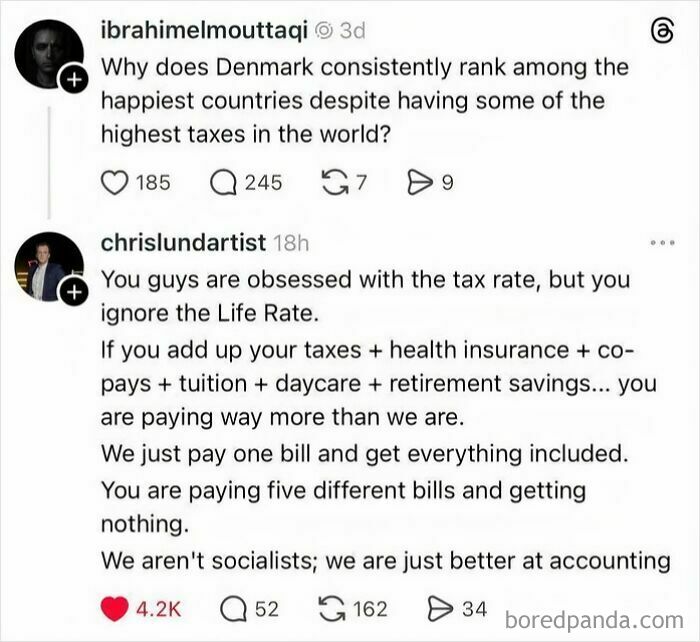 A social media post discussing high taxes and affordability, with comments from people exhausted and ready to retire.