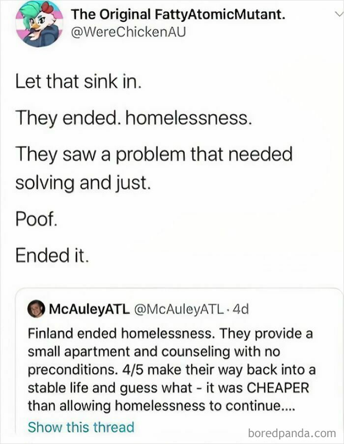A tweet thread discussing how Finland ended homelessness. It emphasizes the concept of being unable to afford billionaires.