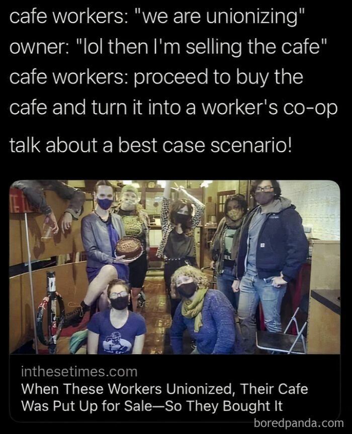 A group of masked cafe workers, showing their unified front against unaffordable billionaires and their commitment to worker's rights.