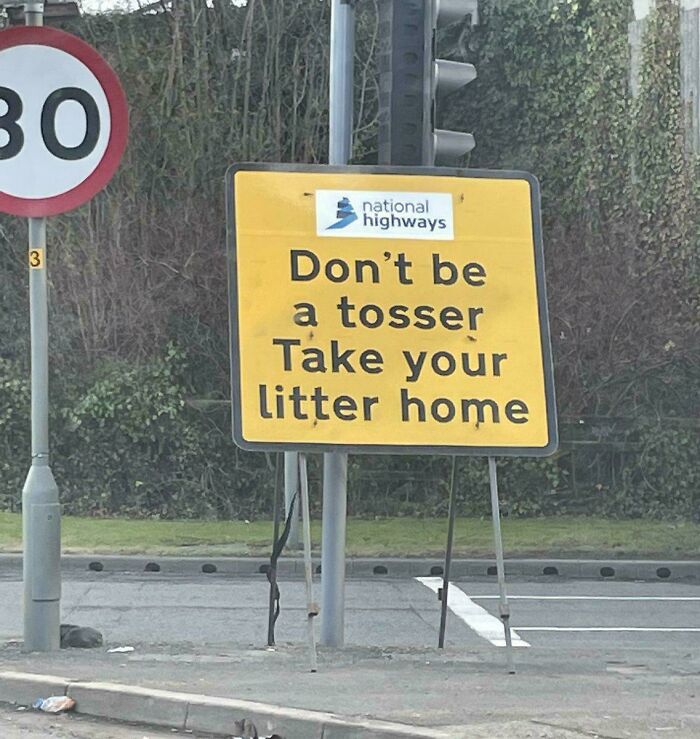 British highway sign urging people to take litter home with humor