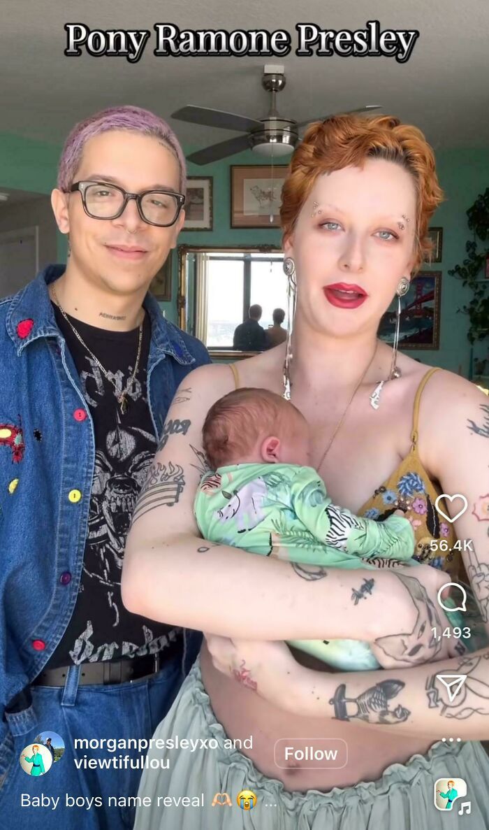 A couple, one with purple hair and glasses, the other with red hair, hold a baby, revealing the name "Pony Ramone Presley," a name choice parents didn't think straight.