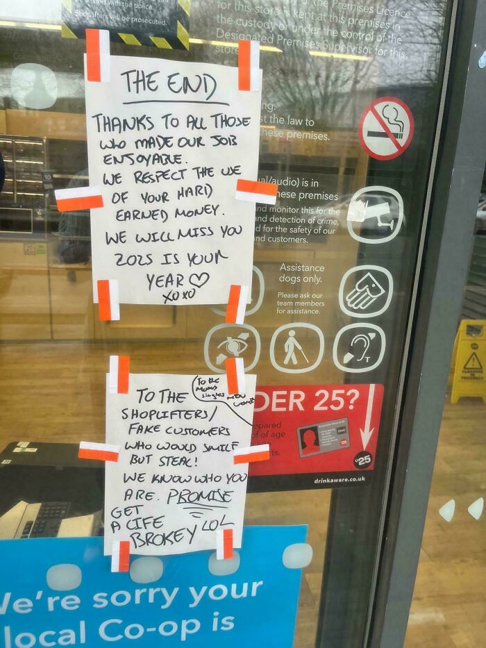 Humorous British sign thanking customers and warning shoplifters