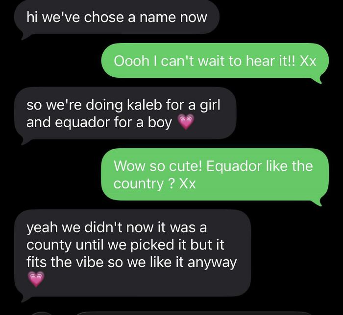 A text conversation where parents chose unusual kids names, Kaleb for a girl and Equador for a boy, demonstrating funny parenting moments.