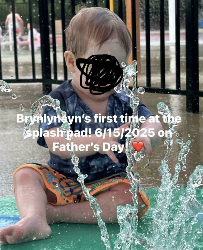 Toddler playing in a splash pad, with water spraying around. Parents didn't think straight when naming their kids.