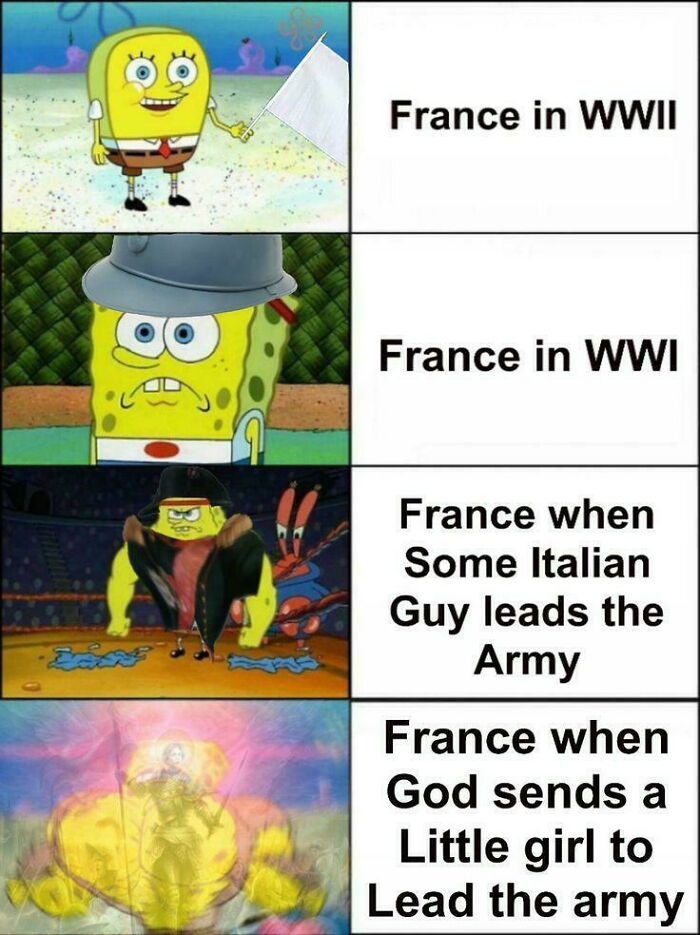 Funny history meme depicting France's varying military presence across different historical periods.