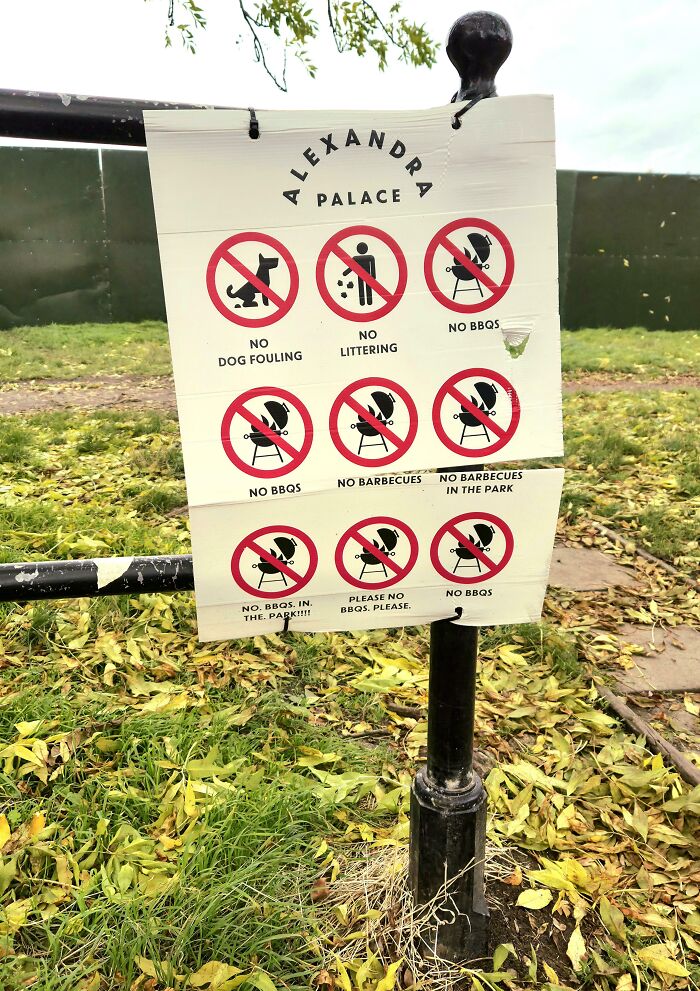 Alexandra Palace sign with multiple no BBQ and no littering icons