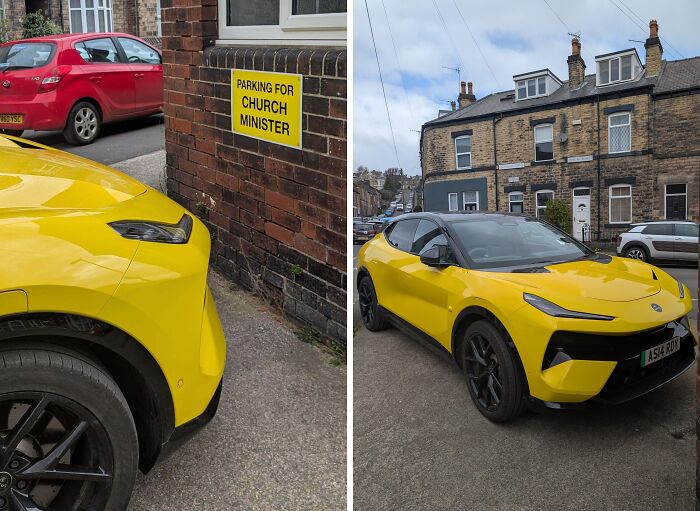 Parking spot sign reserved for church minister with a yellow car parked