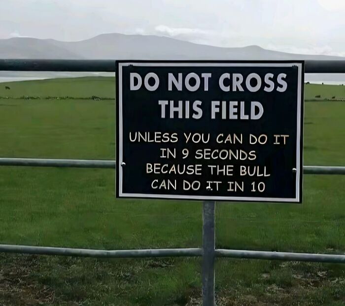 Funny British sign warning not to cross field unless faster than the bull
