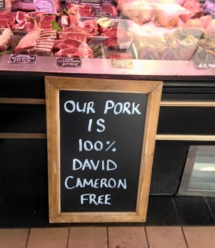British butcher shop sign claiming pork is 100% David Cameron free