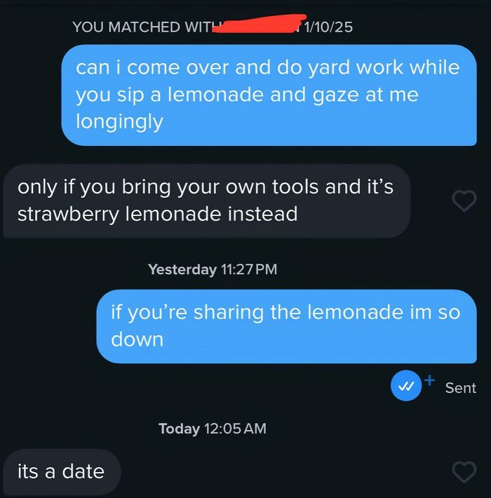 Funny text exchanges show a person asking to do yard work for strawberry lemonade, then agreeing to share.