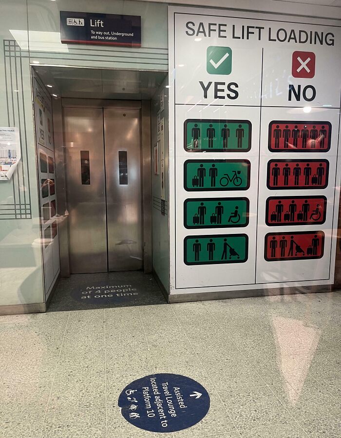 Safe lift loading rules sign at British station elevator