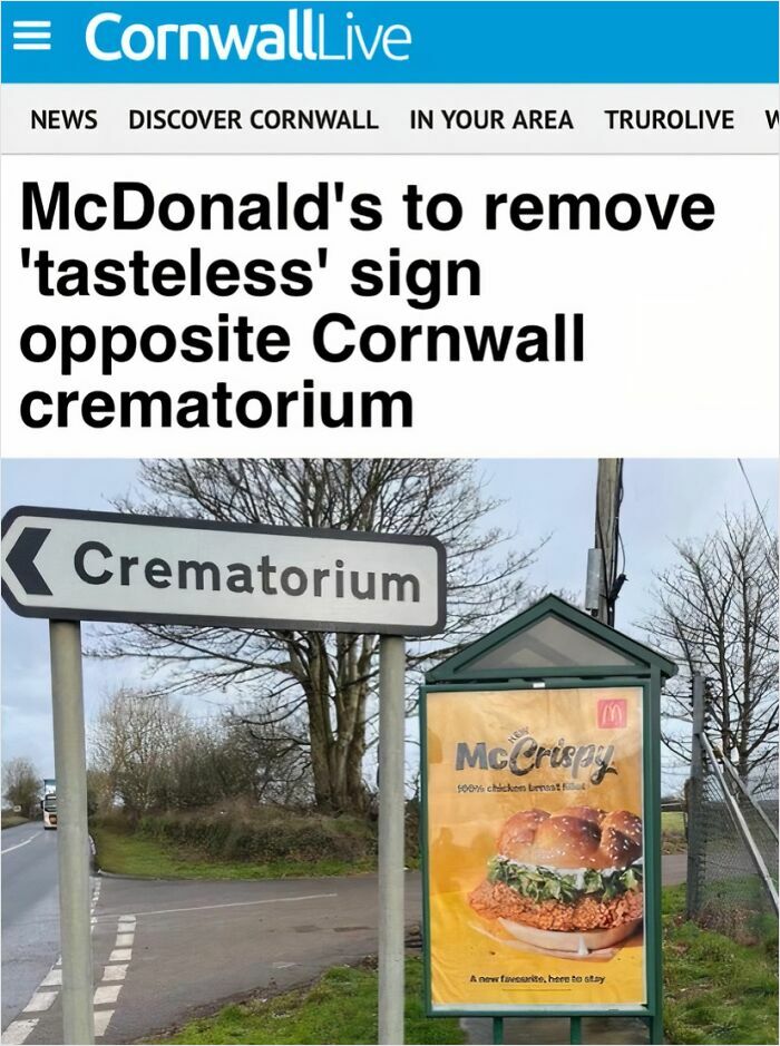 British news headline about McDonald's removing tasteless sign near crematorium
