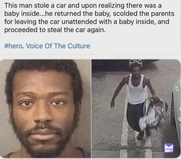 A split image of a man's mugshot and a surveillance photo of him carrying a baby, a chaotic good moment from real life.