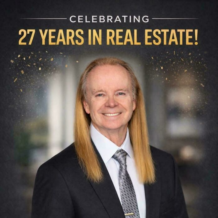A man with long, blonde hair smiles, celebrating 27 years in real estate. The image shows his unique haircut.