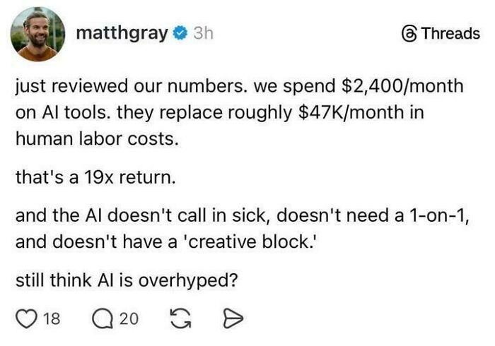 A tweet from matthgray discussing AI tools replacing human labor, hinting at future job market changes and potential recruiting hell.