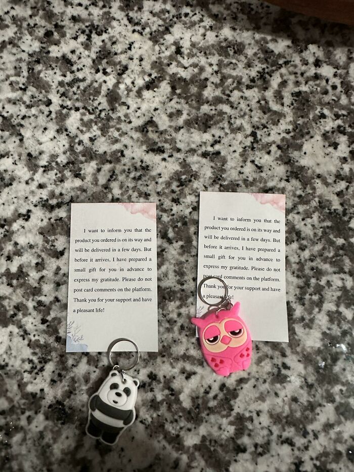 Small thank you notes and keychains demonstrating consumerism and price difference in new pics.