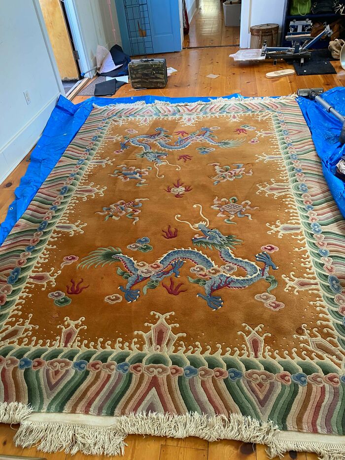 A large, intricate rug with dragon patterns, laid out on a wooden floor, a remarkable thrift store jackpot.