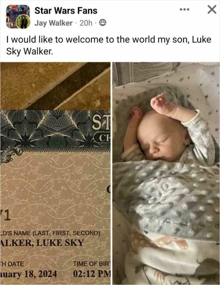 Parents didn't think straight when naming their kids: A baby named Luke Sky Walker next to his birth certificate.