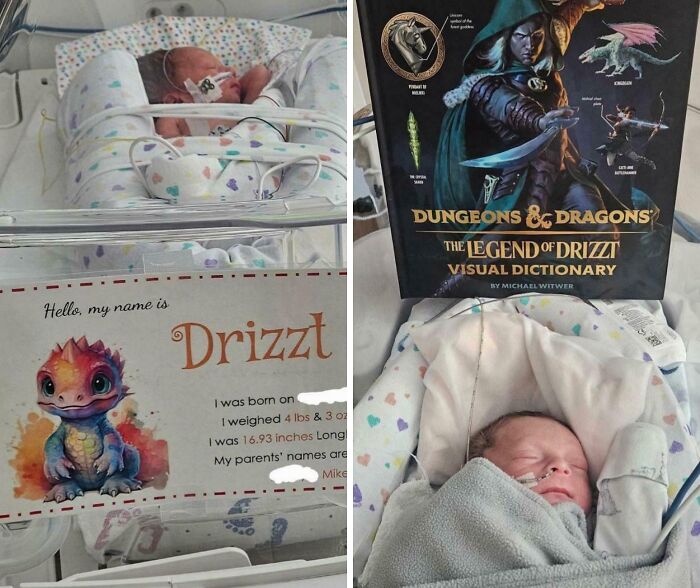 A baby named Drizzt in a hospital bassinet, with a Dungeons & Dragons book and a birth announcement card. Parents naming kids.