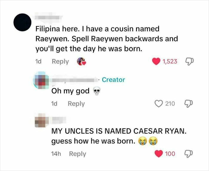 Social media comments about parents naming kids with unusual or humorous choices, highlighting parents didn't think straight.