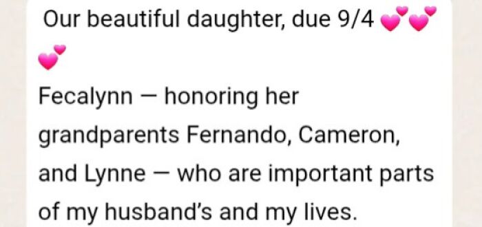 A text message reveals a baby name Fecalynn, meant to honor grandparents. An example of parents not thinking straight when naming kids.