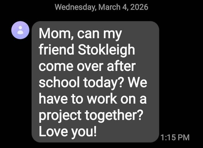 A text message asking, "Mom, can my friend Stokleigh come over...?" highlighting parents naming kids.