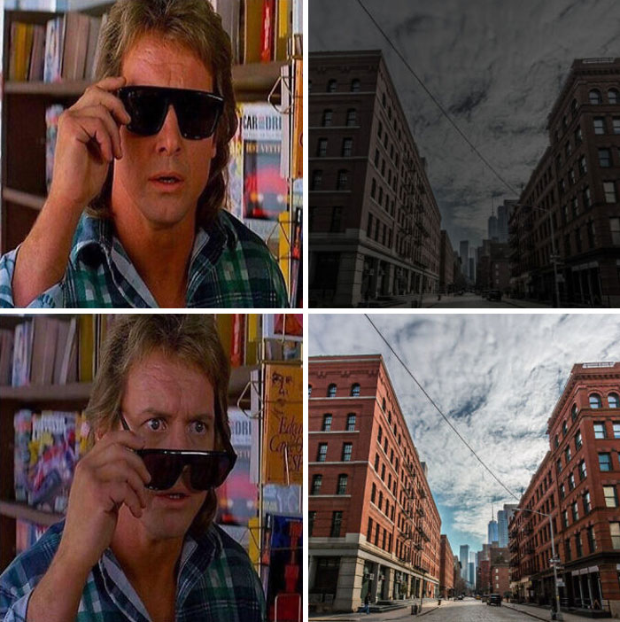 A man taking off sunglasses to reveal a vibrant city street. This funny anti-meme shows the hidden beauty of the real world.