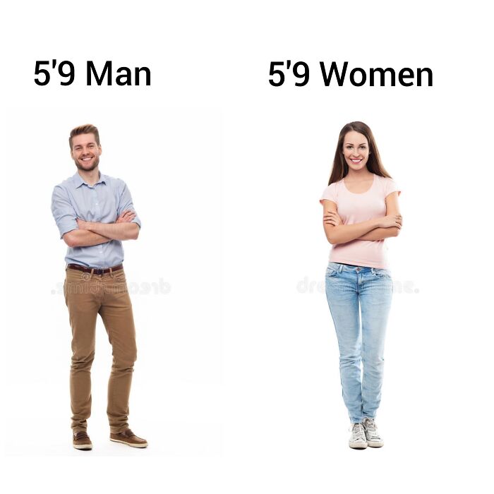 A man and woman, both 5'9, depicted side-by-side, illustrating a funny anti-meme about perceived height differences.