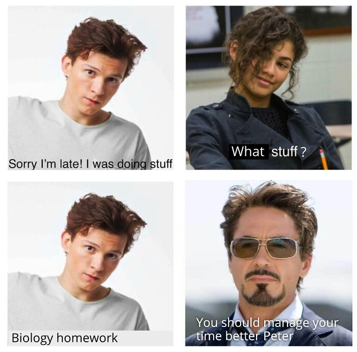 A surprisingly funny anti-meme shows Peter Parker and Iron Man. Peter claims homework made him late, Iron Man gives advice.