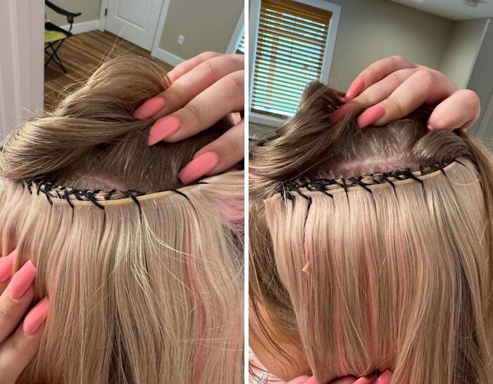 Close-up of blonde hair extensions poorly applied, revealing stitches and tape. A beauty disaster.