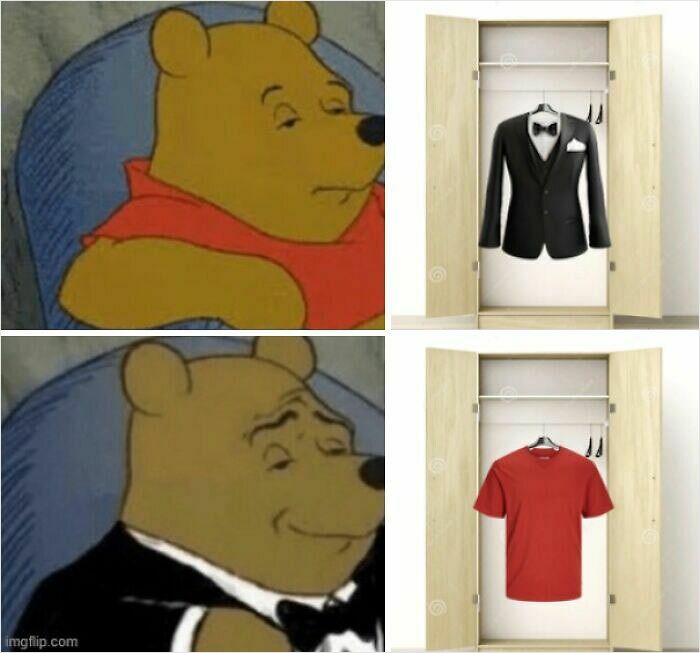Winnie the Pooh meme with a black suit and a red t-shirt. An anti-meme surprisingly funny image.