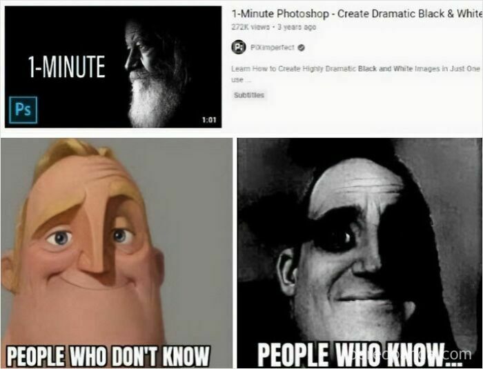 An anti-meme: a video title about Photoshop with a happy Mr. Incredible for people who dont know and a distressed one for those who do.