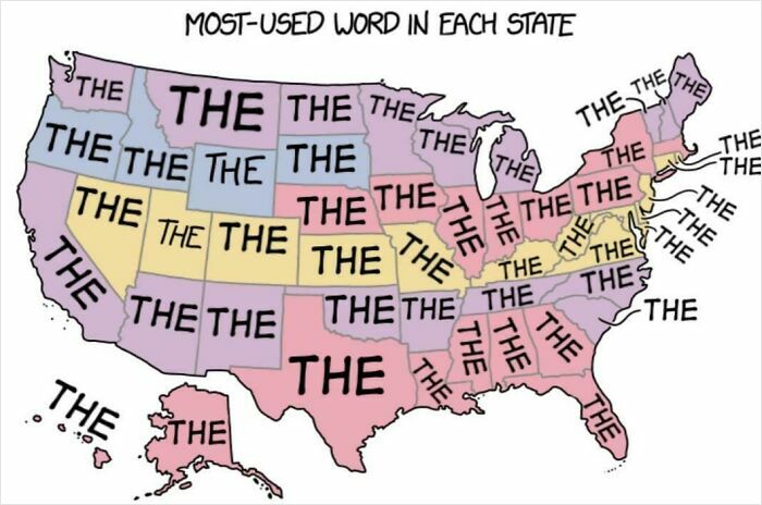An anti-meme cartoon map of the US showing THE as the most used word in every state, surprisingly funny.